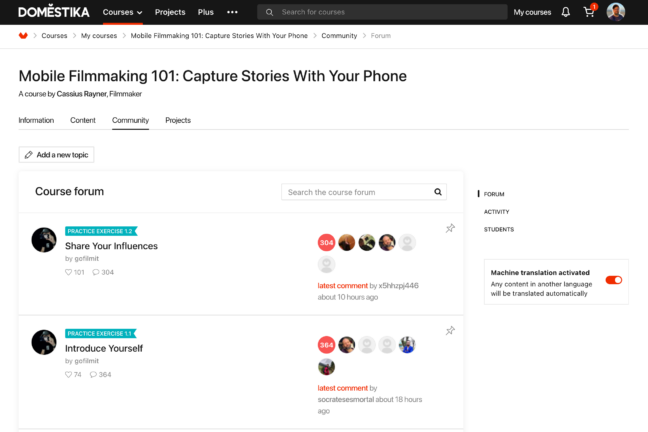 Screenshot of the community tap for the Mobile Filmmaking Course on Domestika.