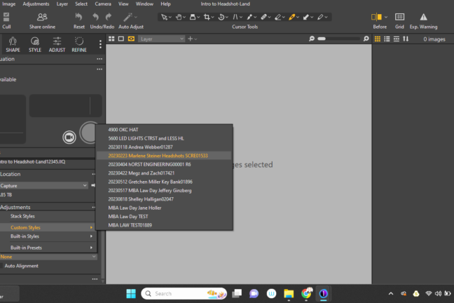 A screenshot of Capture One photo editing software interface with various tools and menus visible, and a list of image files on the left side of the screen.