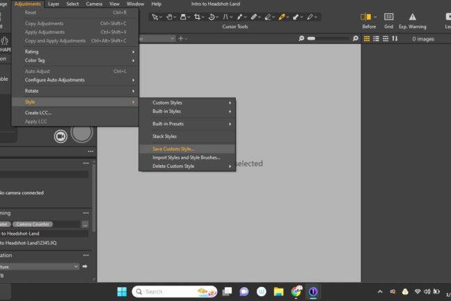 A screenshot of Capture One photo editing software interface with an open dropdown menu for 'Style' showing options for custom styles, built-in styles, and presets.