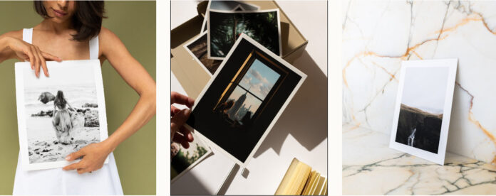 A triptych of images showing ProDPI photographs: on the left, a person holds a black and white photo of a figure on a beach; the center image features a hand holding a photo of a window framing a cityscape; on the right, a photo of a waterfall rests against a marble background.