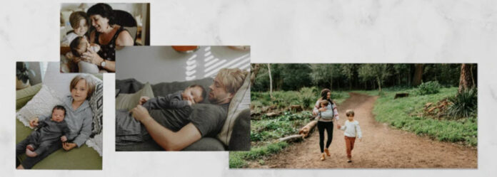 A collage of four Shutterfly photos on a marble background featuring intimate family moments: the first shows a toddler hugging a newborn, the second displays an older woman laughing with a toddler, the third captures a man cradling an infant on a couch, and the fourth portrays a woman walking hand in hand with a young child in a natural trail setting.