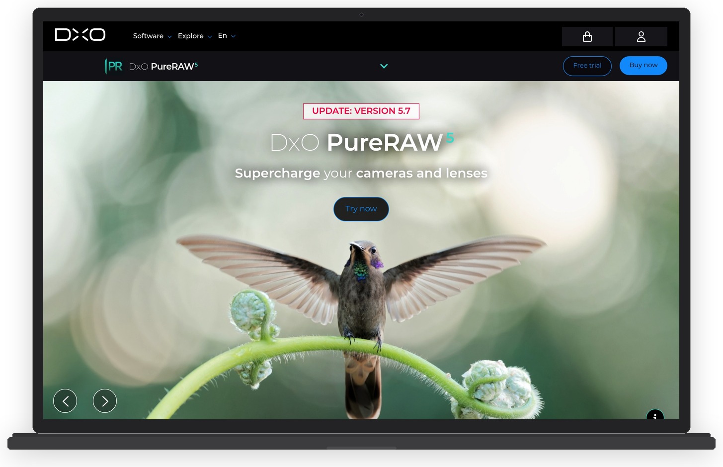 DxO PureRAW 5 website showing DeepPRIME XD3 noise reduction technology