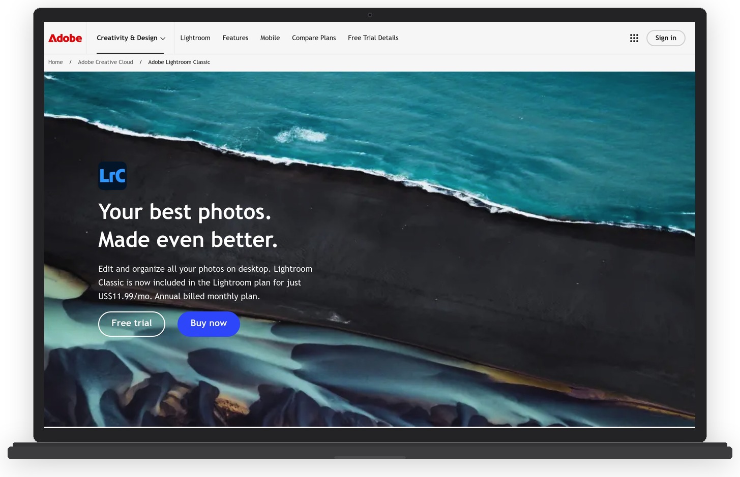 Adobe Lightroom Classic product page showing photography editing features