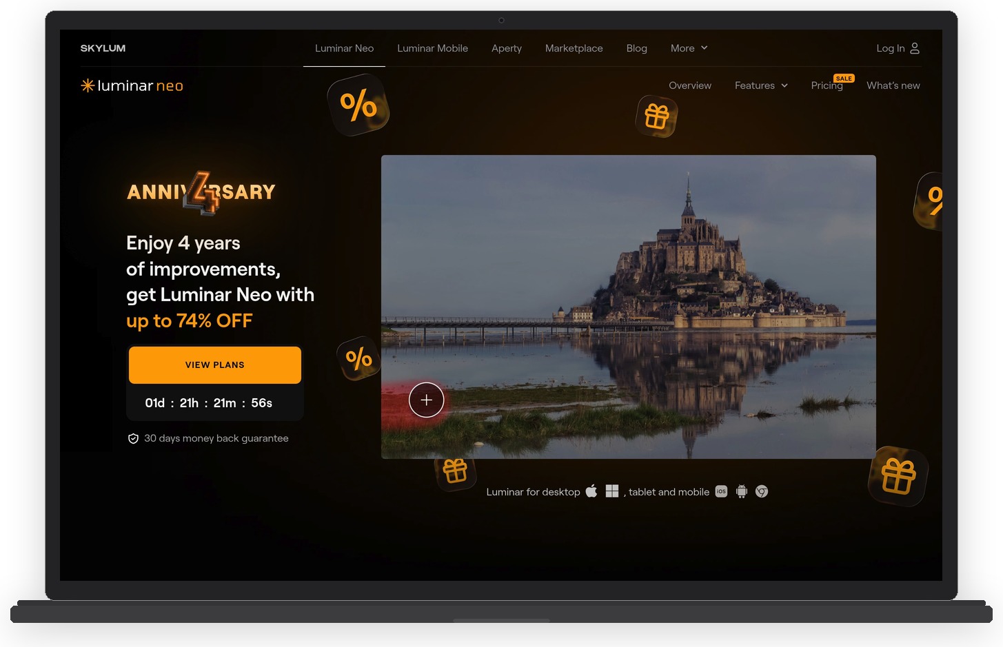 Skylum Luminar Neo website showing creative AI photo editing tools