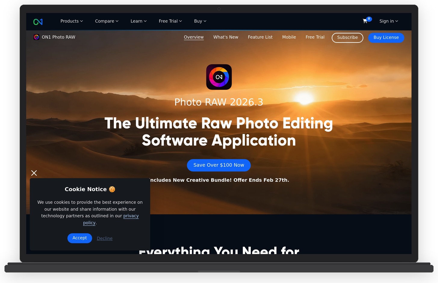 ON1 Photo RAW 2026 website showing AI-powered photo editing features