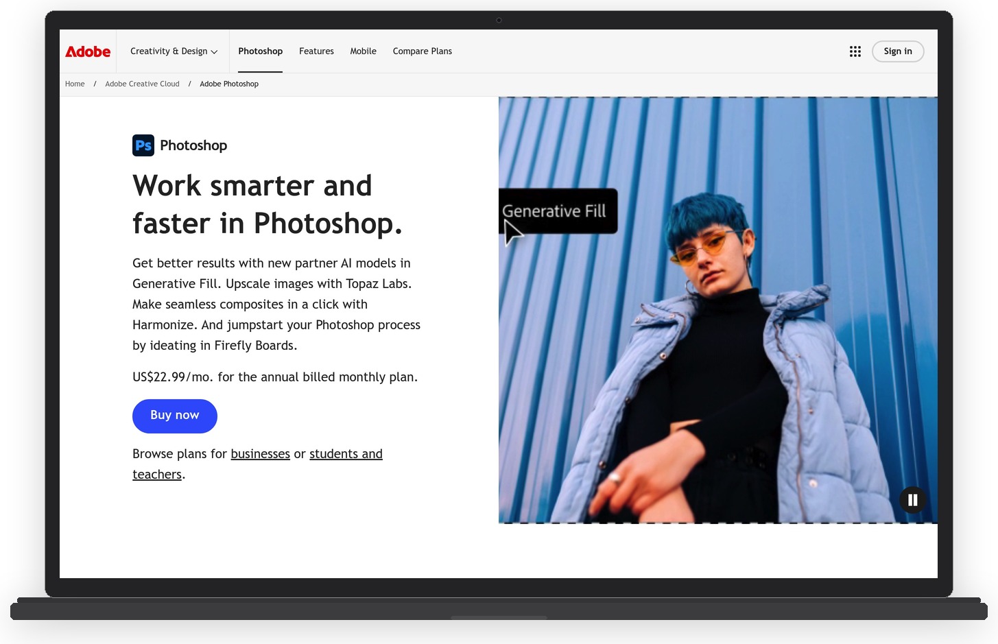 Adobe Photoshop product page showing photo editing capabilities