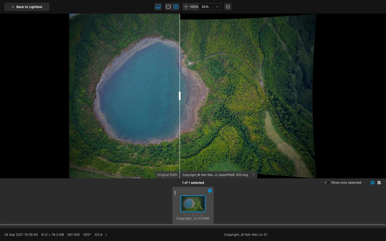 DxO PureRAW 6 before and after comparison showing DeepPRIME XD3 noise reduction on an aerial landscape photo