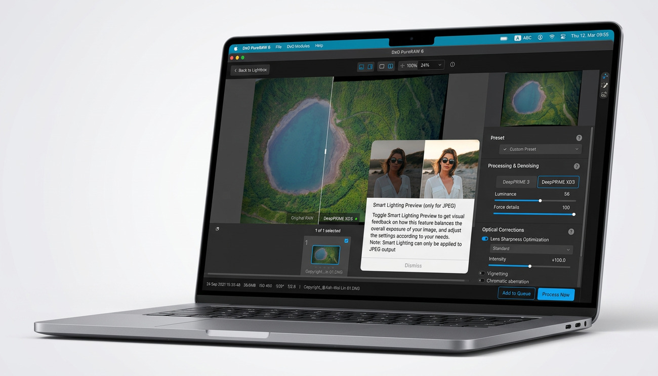 DxO PureRAW 6 DeepPRIME XD3 processing interface showing before and after comparison
