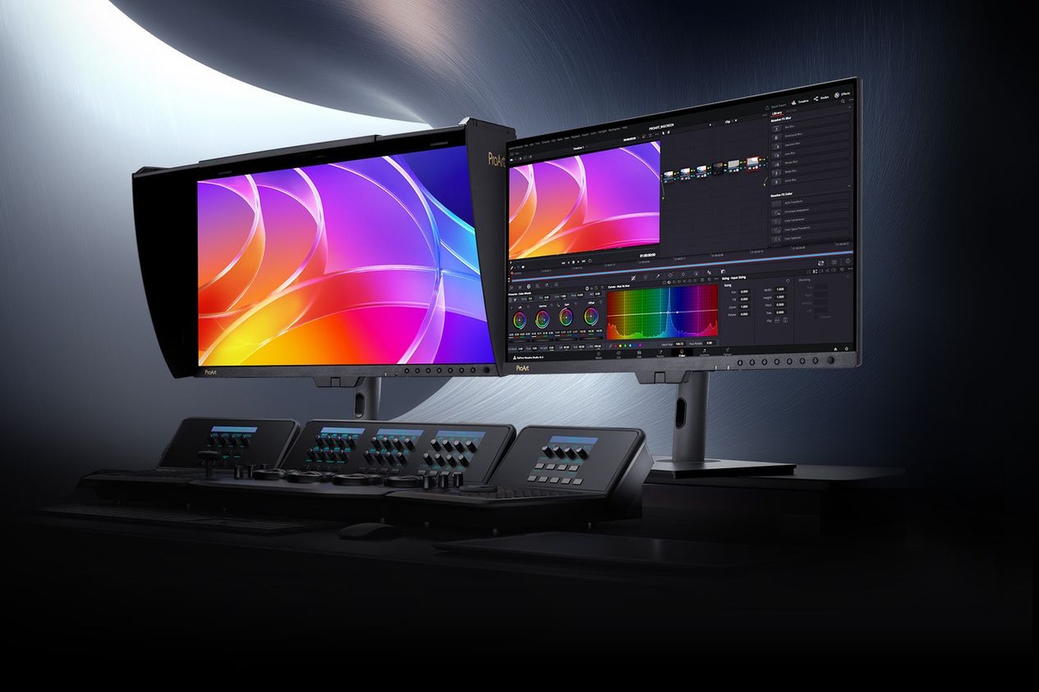ASUS ProArt Display OLED PA32USD running DaVinci Resolve next to the PA27USD, with a Blackmagic color-grading panel in front